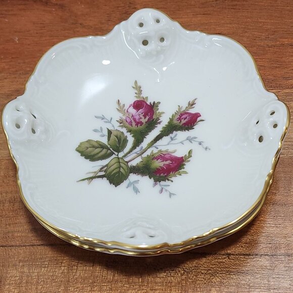 2 Rosenthal Germany Moss Rose Dish 4" pierced gold rim bowl nuts candy dipping f - Picture 7 of 12